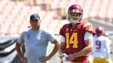 LOS ANGELES, CA - AUGUST 19: Head Coach Clay Helton watches USC (14) Sam Darnold (QB) during a USC Trojans football practice at Los Angeles Memorial Coliseum on August 19th, 2017. (Photo by Brian Rothmuller/Icon Sportswire via Getty Images)