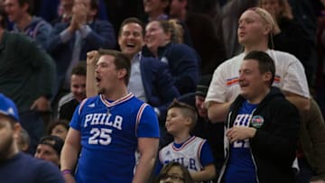PHILADELPHIA, PA - FEBRUARY 12: Philadelphia 76ers fans react during the game against the New York Knicks at the Wells Fargo Center on February 12, 2018 in Philadelphia, Pennsylvania. NOTE TO USER: User expressly acknowledges and agrees that, by downloading and or using this photograph, User is consenting to the terms and conditions of the Getty Images License Agreement. (Photo by Mitchell Leff/Getty Images)