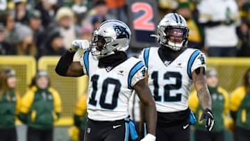 GREEN BAY, WISCONSIN - NOVEMBER 10: Curtis Samuel #10 of the Carolina Panthers celebrates his touchdown in the first half of the game against the Green Bay Packers at Lambeau Field on November 10, 2019 in Green Bay, Wisconsin. (Photo by Quinn Harris/Getty Images)