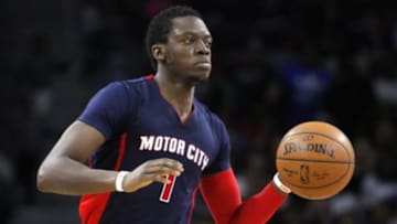 Apr 12, 2015; Auburn Hills, MI, USA; Detroit Pistons guard Reggie Jackson (1) dribbles the ball down the court during the fourth quarter against the Charlotte Hornets at The Palace of Auburn Hills. Pistons beat the Hornets 116-77. Mandatory Credit: Raj Mehta-USA TODAY Sports