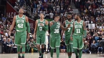CLEVELAND, OH - OCTOBER 17: Al Horford #42, Jayson Tatum #0, Marcus Smart #36, Jaylen Brown #7 and Kyrie Irving #11 of the Boston Celtics during the game against the Cleveland Cavaliers on October 17, 2017 at Quicken Loans Arena in Cleveland, Ohio. NOTE TO USER: User expressly acknowledges and agrees that, by downloading and or using this Photograph, user is consenting to the terms and conditions of the Getty Images License Agreement. Mandatory Copyright Notice: Copyright 2017 NBAE (Photo by David Liam Kyle/NBAE via Getty Images)