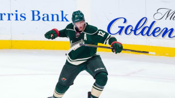 Oct 29, 2016; Saint Paul, MN, USA; Minnesota Wild forward Eric Staal (12) celebrates his goal in the third period against the Dallas Stars at Xcel Energy Center. The Minnesota Wild beat the Dallas Stars 4-0. Mandatory Credit: Brad Rempel-USA TODAY Sports