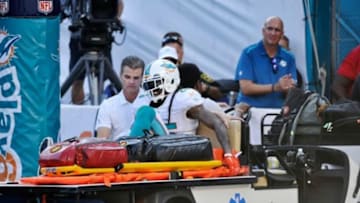 Dec 7, 2014; Miami Gardens, FL, USA; Miami Dolphins free safety Louis Delmas (25) is carted off the field during the second half against the Baltimore Ravens at Sun Life Stadium. Ravens won 28-13. Mandatory Credit: Steve Mitchell-USA TODAY Sports