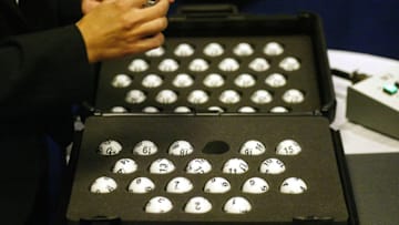 NEW YORK - JULY 22: The National Hockey League draft balls. (Photo by Andy Marlin/Getty Images for NHLI)