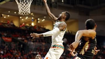 Jan 9, 2016; Coral Gables, FL, USA; Miami Hurricanes guard Sheldon McClellan (10) shoots the ball against Florida State Seminoles during the second half at BankUnited Center. The Hurricanes won 72-59. Mandatory Credit: Steve Mitchell-USA TODAY Sports