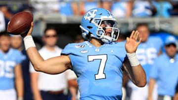 CHARLOTTE, NORTH CAROLINA - AUGUST 31: Sam Howell #7 of the North Carolina Tar Heels drops back to pass against the South Carolina Gamecocks during the Belk College Kickoff game at Bank of America Stadium on August 31, 2019 in Charlotte, North Carolina. (Photo by Streeter Lecka/Getty Images)