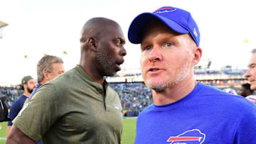 CARSON, CA - NOVEMBER 19: (L-R) Head Coach Anthony Lynns of the Los Angeles Chargers and Head Coach Sean McDermott of the Buffalo Bills shake hands after the game at the StubHub Center on November 19, 2017 in Carson, California. (Photo by Harry How/Getty Images)