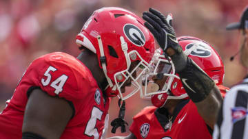 Oct 2, 2021; Athens, Georgia, USA; Georgia Bulldogs running back Zamir White (3) reacts with offensive lineman Justin Shaffer (54) after scoring a touchdown against the Arkansas Razorbacks defense during the second half at Sanford Stadium. Mandatory Credit: Dale Zanine-USA TODAY Sports