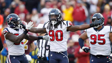 LANDOVER, MD - NOVEMBER 18: Jadeveon Clowney #90 of the Houston Texans celebrates after a sack against the Washington Redskins in the fourth quarter of the game at FedExField on November 18, 2018 in Landover, Maryland. The Texans won 23-21. (Photo by Joe Robbins/Getty Images)