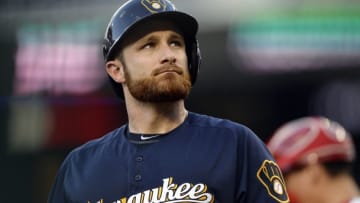 Jul 6, 2016; Washington, DC, USA; Milwaukee Brewers catcher Jonathan Lucroy (20) walks off the field after striking out during the eighth inning against the Washington Nationals at Nationals Park. Washington Nationals defeated Milwaukee Brewers 7-4. Mandatory Credit: Tommy Gilligan-USA TODAY Sports
