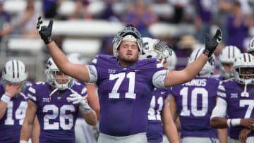 MANHATTAN, KS - NOVEMBER 05: Kansas State Wildcats offensive lineman Dalton Risner (71) during the Big 12 Division 1 game between the Oklahoma State Cowboys and the Kansas State Wildcats on November 5, 2016, at Bill Snyder Stadium in Manhattan, Kansas. (Photo by William Purnell/Icon Sportswire via Getty Images)