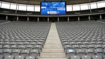 Empty stands are seen prior to the German first division Bundesliga football match between Hertha BSC Berlin and Borussia Moenchengladbach in Berlin on April 10, 2021. - DFL REGULATIONS PROHIBIT ANY USE OF PHOTOGRAPHS AS IMAGE SEQUENCES AND/OR QUASI-VIDEO (Photo by Soeren Stache / POOL / AFP) / DFL REGULATIONS PROHIBIT ANY USE OF PHOTOGRAPHS AS IMAGE SEQUENCES AND/OR QUASI-VIDEO (Photo by SOEREN STACHE/POOL/AFP via Getty Images)