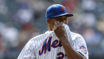Jul 28, 2016; New York City, NY, USA; New York Mets relief pitcher Jeurys Familia (27) reacts after leaving the game in the ninth inning against the New York Mets at Citi Field. The Colorado Rockies defeated the New York Mets 2-1.Mandatory Credit: Noah K. Murray-USA TODAY Sports