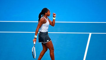 Coco Gauff of the US reacts after a point against Japan's Naomi Osaka during their women's singles match on day five of the Australian Open tennis tournament in Melbourne on January 24, 2020. (Photo by William WEST / AFP) / IMAGE RESTRICTED TO EDITORIAL USE - STRICTLY NO COMMERCIAL USE (Photo by WILLIAM WEST/AFP via Getty Images)
