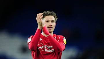 CARDIFF, WALES - FEBRUARY 25: Matty Cash of Nottingham Forest applauds the fans at the final whistle during the Sky Bet Championship match between Cardiff City and Nottingham Forest at the Cardiff City Stadium on February 25, 2020 in Cardiff, Wales. (Photo by Athena Pictures/Getty Images)