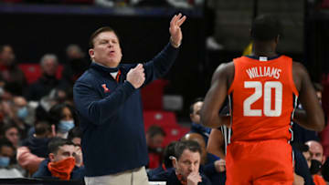 Jan 21, 2022; College Park, Maryland, USA; Illinois Fighting Illini head coach Brad Underwood reacts during the second half against the Maryland Terrapins at Xfinity Center. Mandatory Credit: Tommy Gilligan-USA TODAY Sports