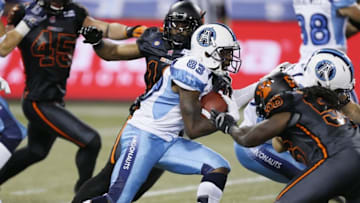 Aug 17, 2014; Toronto, Ontario, Canada; Toronto Argonauts kick returner Terrell Sinkfield (83) returns a kick against the BC Lions at Rogers Centre. BC defeated Toronto 33-17. Mandatory Credit: John E. Sokolowski-USA TODAY Sports