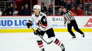 RALEIGH, NC - JANUARY 10: Jordan Oesterle #82 of the Arizona Coyotes skates for position on the ice during an NHL game against the Carolina Hurricanes on January 10, 2020 at PNC Arena in Raleigh, North Carolina. (Photo by Gregg Forwerck/NHLI via Getty Images)