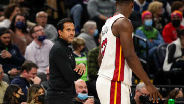 Head coach Erik Spoelstra talks to Jimmy Butler #22 of the Miami Heat(Photo by David Berding/Getty Images)
