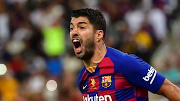Barcelona's Uruguayan forward Luis Suarez reacts during the Spanish Super Cup semi final between Barcelona and Atletico Madrid on January 9, 2020, at the King Abdullah Sport City in the Saudi Arabian port city of Jeddah. - The winner will face Real Madrid in the final on January 12. (Photo by Giuseppe CACACE / AFP) (Photo by GIUSEPPE CACACE/AFP via Getty Images)