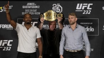 LOS ANGELES, CA - DECEMBER 27: Dana White, UFC president, stands between Jon Jones, No. 1 UFC light heavyweight, left and Alexander Gustafsson, No. 2 UFC light heavyweight, during UFC 232 press conference at the Los Angeles Airport Marriott in Los Angeles, Thursday, Dec 27, 2018. (Photo by Hans Gutknecht/Digital First Media/Los Angeles Daily News via Getty Images)