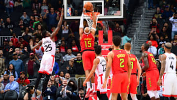 ATLANTA, GA - NOVEMBER 21: Vince Carter #15 of the Atlanta Hawks drives to the basket during the game against the Toronto Raptors successfully scoring a career total of 25,000 points on November 21, 2018 at the State Farm Arena in Atlanta, Georgia. NOTE TO USER: User expressly acknowledges and agrees that, by downloading and/or using this Photograph, user is consenting to the terms and conditions of the Getty Images License Agreement. Mandatory Copyright Notice: Copyright 2018 NBAE (Photo by Scott Cunningham/NBAE via Getty Images)