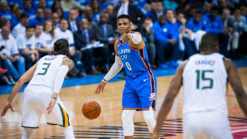 OKLAHOMA CITY, OK - APRIL 25: Russell Westbrook #0 of the Oklahoma City Thunder handles the ball against the Utah Jazz in Game Five of Round One of the 2018 NBA Playoffs on April 25, 2018 at Chesapeake Energy Arena in Oklahoma City, Oklahoma. Copyright 2018 NBAE (Photo by Zach Beeker/NBAE via Getty Images)
