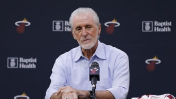 MIAMI, FLORIDA - SEPTEMBER 27: President Pat Riley of the Miami Heat addresses the media during the introductory press conference for Jimmy Butler at American Airlines Arena on September 27, 2019 in Miami, Florida. NOTE TO USER: User expressly acknowledges and agrees that, by downloading and or using this photograph, User is consenting to the terms and conditions of the Getty Images License Agreement. (Photo by Michael Reaves/Getty Images)