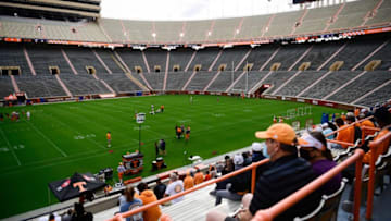Fans wait for an open University of Tennessee spring football practice at Neyland Stadium to begin, Saturday, April 10, 2021.Utpractice0410 0093