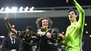 WEST BROMWICH, ENGLAND - MAY 12: l-r Antonio Conte, Pedro, David Luiz, N'Golo Kante and Thibaut Courtois of Chelsea celebrate winning the league during the Premier League match between West Bromwich Albion and Chelsea at The Hawthorns on May 12, 2017 in West Bromwich, England. (Photo by Laurence Griffiths/Getty Images)