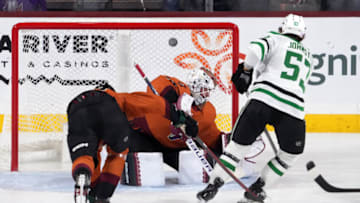 Nov 3, 2022; Tempe, Arizona, USA; Dallas Stars center Wyatt Johnston (53) scores a goal against Arizona Coyotes goaltender Connor Ingram (39) during the first period at Mullett Arena. Mandatory Credit: Joe Camporeale-USA TODAY Sports