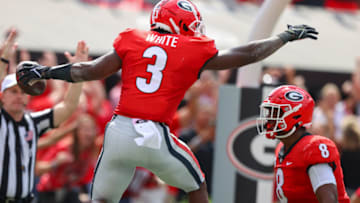 ATHENS, GA - OCTOBER 02: Zamir White #3 of the Georgia Bulldogs recovers the blocked punt in the end zone for a touchdown in the first half against the Arkansas Razorbacks at Sanford Stadium on October 2, 2021 in Athens, Georgia. (Photo by Todd Kirkland/Getty Images)