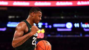 NEW YORK, NEW YORK - NOVEMBER 05: Xavier Tillman #23 of the Michigan State Spartans reacts during the first half against the Kentucky Wildcats at Madison Square Garden on November 05, 2019 in New York City. (Photo by Emilee Chinn/Getty Images)