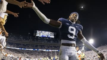 STATE COLLEGE, PA - SEPTEMBER 18: Joey Porter Jr. #9 of the Penn State Nittany Lions celebrates with fans after the game against the Auburn Tigers at Beaver Stadium on September 18, 2021 in State College, Pennsylvania. (Photo by Scott Taetsch/Getty Images)
