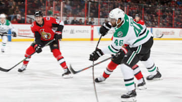 OTTAWA, ON - MARCH 16: Gemel Smith #46 of the Dallas Stars shoots the puck against the Ottawa Senators at Canadian Tire Centre on March 16, 2018 in Ottawa, Ontario, Canada. (Photo by Andre Ringuette/NHLI via Getty Images)