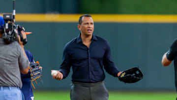 HOUSTON, TX - SEPTEMBER 02: ESPN commentator Alex Rodriquez on the field with Houston Astros third baseman Alex Bregman (2) during an ESPN filming prior to a baseball game between the Houston Astros and the Los Angeles Angels on September 02, 2018, at Minute Maid Park in Houston, TX.. (Photo by Juan DeLeon/Icon Sportswire via Getty Images)