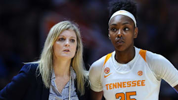 KNOXVILLE, TN - JANUARY 12: Tennessee Lady Vols head coach Kellie Harper talking with guard Jordan Horston (25) during a college basketball game against the Georgia Lady Bulldogs on January 12, 2020, at Thompson-Boling Arena in Knoxville, TN. (Photo by Bryan Lynn/Icon Sportswire via Getty Images)