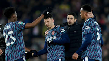 LIVERPOOL, ENGLAND - JANUARY 13: Mikel Arteta of Arsenal congratulates his players after the final whistle during the Carabao Cup Semi Final First Leg match between Liverpool and Arsenal at Anfield on January 13, 2022 in Liverpool, England. (Photo by Michael Regan/Getty Images)