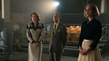 Episode 8. Stephanie Koenig, Kevin Sussman and Brie Larson in "Lessons in Chemistry," premiering October 13, 2023 on Apple TV+.