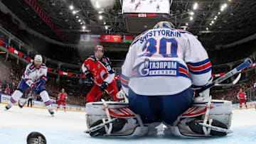 MOSCOW, RUSSIA APRIL 5, 2019: SKA St Petersburg goaltender Igor Shestyorkin concedes a goal in Leg 5 of their 2018/19 KHL Western Conference final playoff tie against CSKA Moscow at CSKA Arena; CSKA Moscow won 3-0. Yuri Kuzmin/KHL/POOL/TASS (Photo by Yuri KuzminTASS via Getty Images)