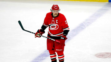 Dejected Carolina Hurricanes captain Justin Faulk (27) skates out of the penalty box after the Boston Bruins scored during the third period at PNC Arena in Raleigh, N.C., on Tuesday, March 13, 2018. The Bruins won, 6-4. (Chris Seward/Raleigh News & Observer/TNS via Getty Images)