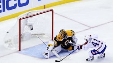Oct 22, 2016; Boston, MA, USA; Montreal Canadiens left wing Paul Byron (41) scores a shorthanded goal past Boston Bruins goalie Anton Khudobin (35) during the third period at TD Garden. Mandatory Credit: Bob DeChiara-USA TODAY Sports