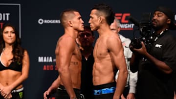VANCOUVER, BC - AUGUST 26: (L-R) Opponents Anthony Pettis of the United States and Charles Oliveira of Brazil face off during the UFC Fight Night Weigh-in at Rogers Arena on August 26, 2016 in Vancouver, British Columbia, Canada. (Photo by Jeff Bottari/Zuffa LLC/Zuffa LLC via Getty Images)