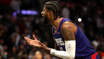 Paul George #13 of the Los Angeles Clippers reacts to a play during the fourth quarter against the Oklahoma City Thunder at Staples Center on November 01, 2021 in Los Angeles, California. NOTE TO USER: User expressly acknowledges and agrees that, by downloading and/or using this Photograph, user is consenting to the terms and conditions of the Getty Images License Agreement. (Photo by Katelyn Mulcahy/Getty Images)
