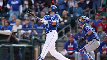 SURPRISE, AZ - FEBRUARY 26: Paulo Orlando #16 of the Kansas City Royals bats against the Texas Rangers during the spring training game at Surprise Stadium on February 26, 2017 in Surprise, Arizona. (Photo by Christian Petersen/Getty Images)