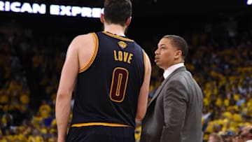 June 2, 2016; Oakland, CA, USA; Cleveland Cavaliers head coach Tyronn Lue speaks to forward Kevin Love (0) during a stoppage in play against Golden State Warriors during the second half in game one of the NBA Finals at Oracle Arena. Mandatory Credit: Kyle Terada-USA TODAY Sports
