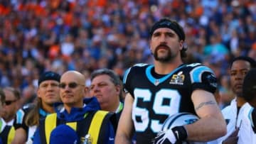 Feb 7, 2016; Santa Clara, CA, USA; Carolina Panthers defensive end Jared Allen (69) against the Denver Broncos in Super Bowl 50 at Levi