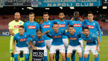NAPLES, ITALY - OCTOBER 19: Players of Napoli pose for photo with the banner against the racism prior the UEFA Champions League match between SSC Napoli and Besiktas JK at Stadio San Paolo on October 19, 2016 in Naples, . (Photo by Maurizio Lagana/Getty Images)