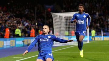 LEICESTER, ENGLAND - SEPTEMBER 19: Islam Slimani of Leicester City celebrates scoring his sides second goal during the Carabao Cup Third Round match between Leicester City and Liverpool at The King Power Stadium on September 19, 2017 in Leicester, England. (Photo by Matthew Lewis/Getty Images)