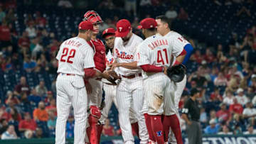 PHILADELPHIA, PA - AUGUST 27: Philadelphia Phillies manager Gabe Kapler (22) makes a pitching change during the sixth inning of a MLB game between the Washington Nationals and the Philadelphia Phillies on August 27, 2018, at Citizens Bank Park in Philadelphia, PA(Photo by Gregory Fisher/Icon Sportswire via Getty Images)